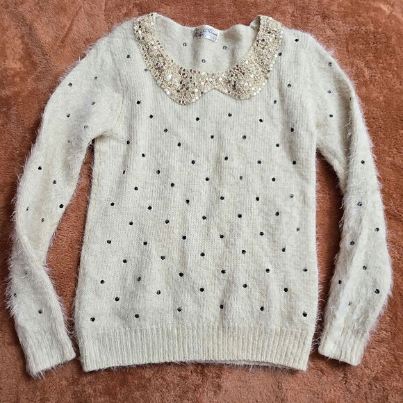 Womens Polka Dot Sequin Collar Fuzzy Knit Sweater Size L Super Soft Glam Cottage - Picture 4 of 11